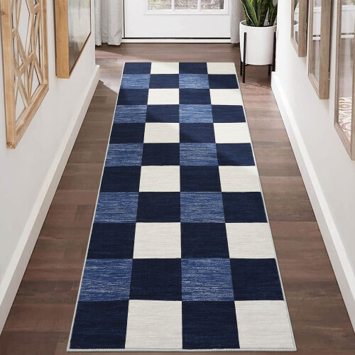 Runner Rug Navy Grey Plaid 2 ft x 6 ft 1