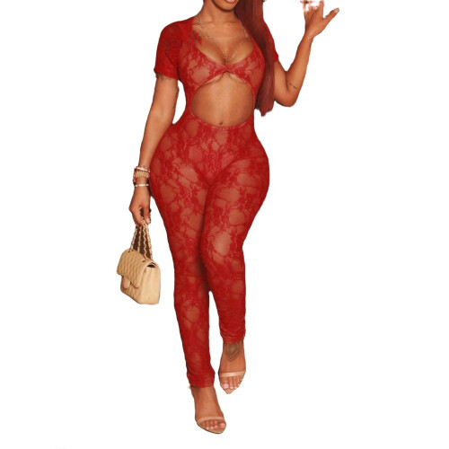 Women's unitard red short sleeve
