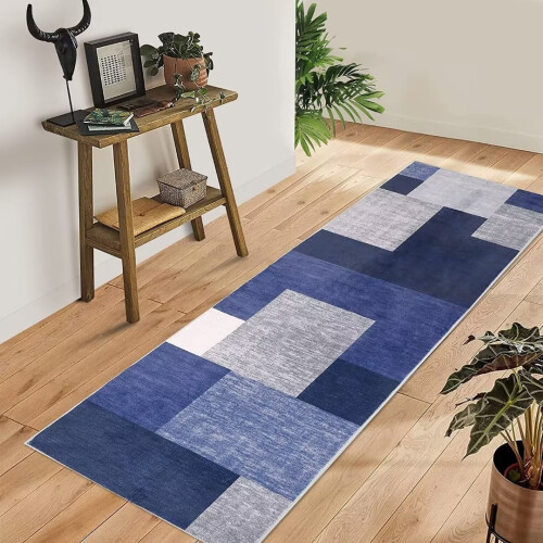 Contemporary Blue Runner Rug 2'3" x 8' Machine Washable 1
