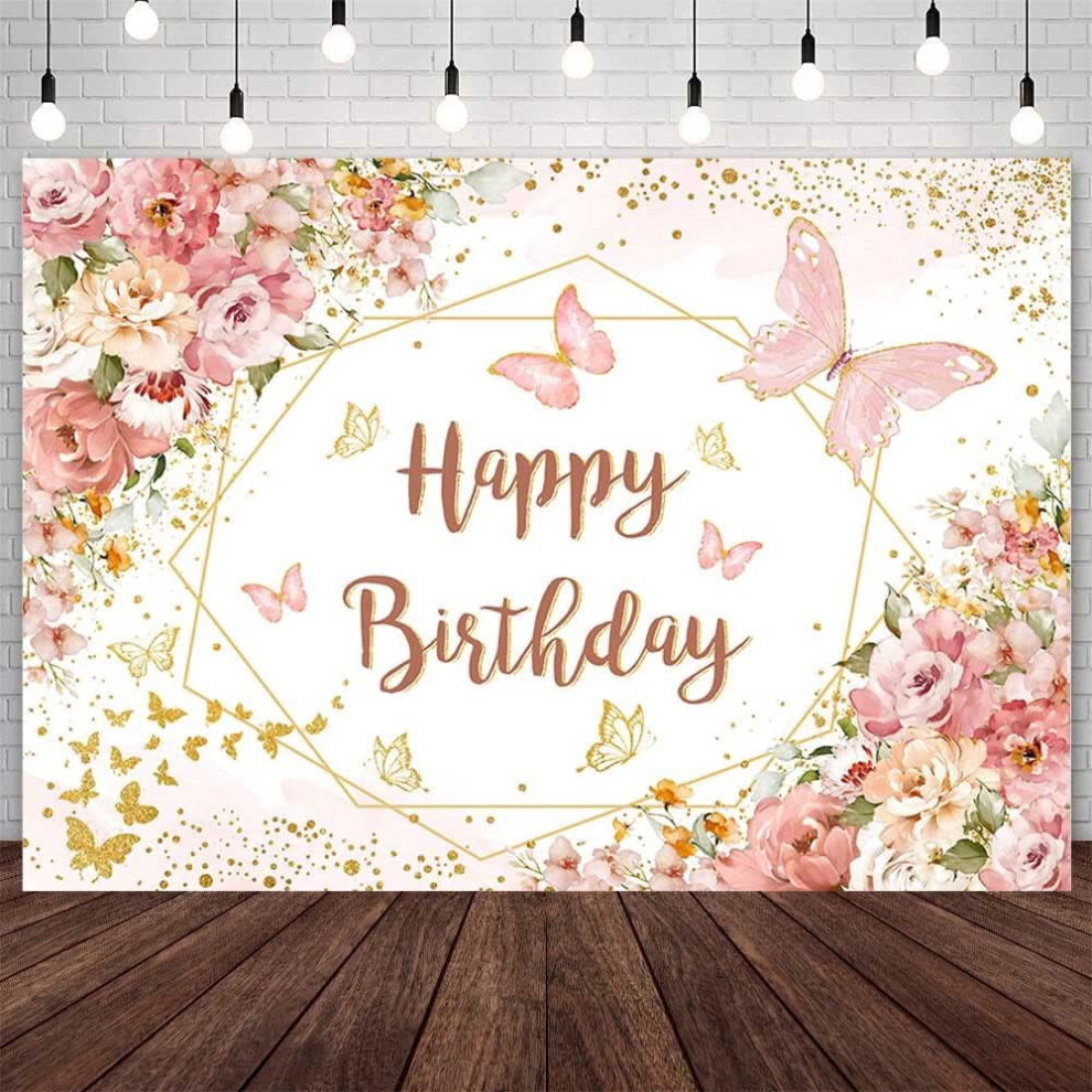 Butterfly Floral Birthday Backdrop For Women Pink 946140677521