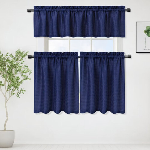 Kitchen Tier Curtains Navy Blue Waffle Weave 30x24 in 2 1