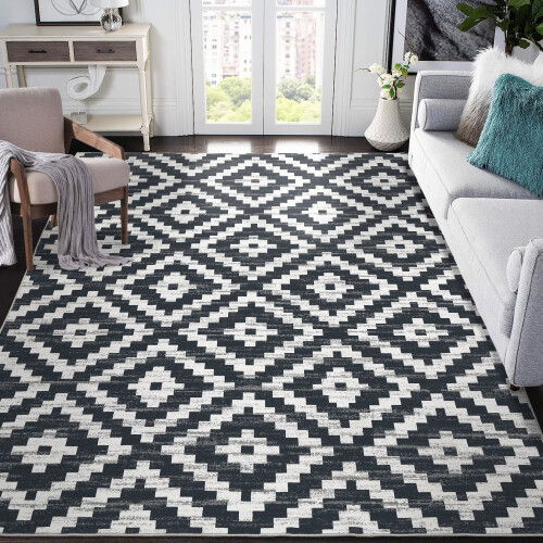 Washable geometric area rug black 5' x 7' 1