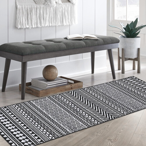 Chenille Bohemian Runner Rug Black 2x7 Ft 1