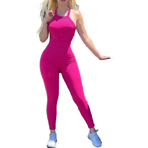 Women's hot pink plain halter neck unitard 1