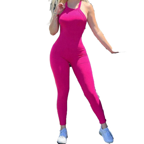 Women's hot pink plain halter neck unitard 2