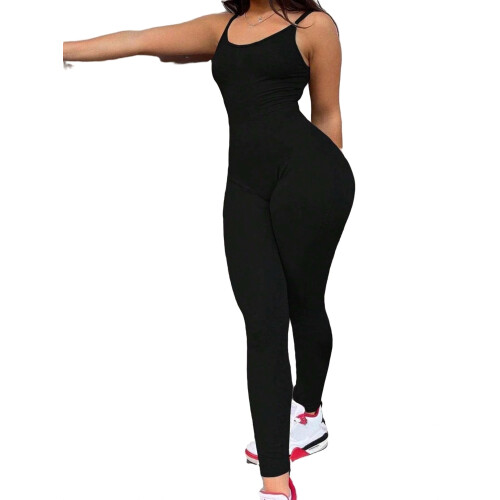 Women's black plain unitard spaghetti strap sleeveless 1