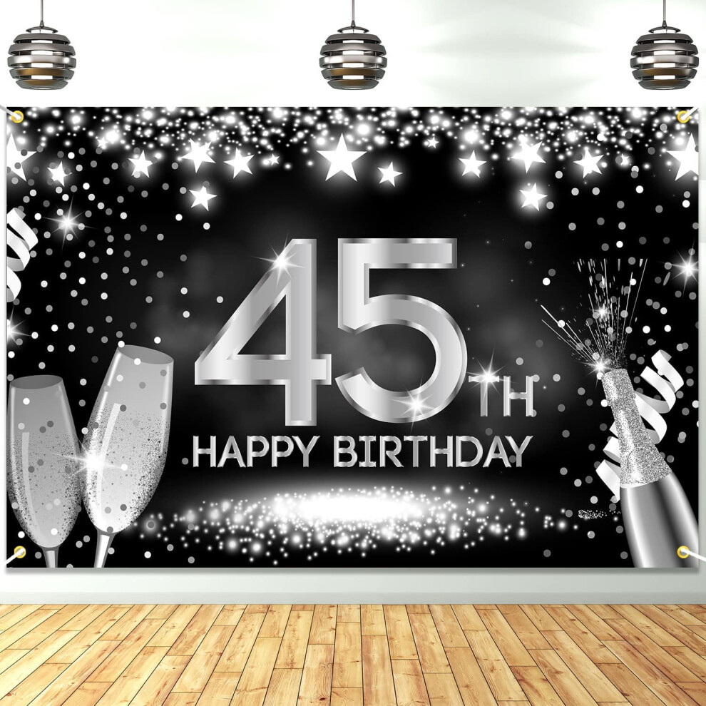 45Th Birthday Banner Backdrop Glitter Silver/Black 946140681610