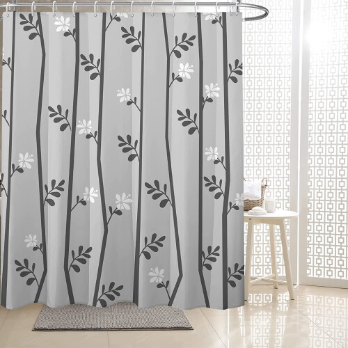 Shower Curtain Grey White 72x72in with 12 Hooks 1