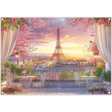 Sfondo fotografico in tessuto con Torre Eiffel, paesaggio urbano di Parigi, terrazza di ciliegi, tenda, decorazione per feste di matrimonio, banner