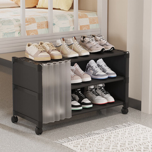 3-Tier Shoe Rack with Wheels and Curtain Black 2
