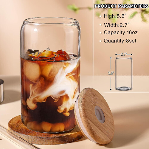 Glass Cups with Lids and Straws 16 oz 8 pcs 1