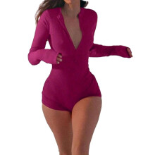 Women's unitard solid hot pink round neck long sleeve