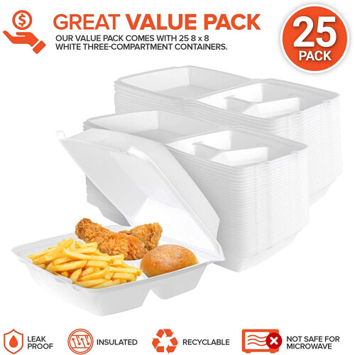 White foam takeout container three compartment 8x8x3 inch 2
