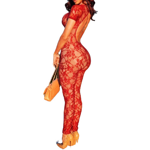 Women's unitard red short sleeve 1