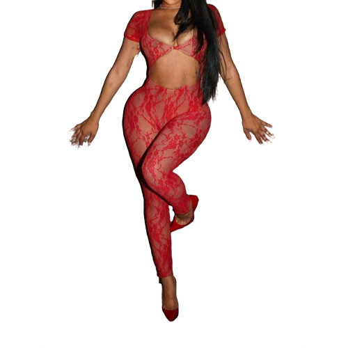 Women's unitard red short sleeve 2