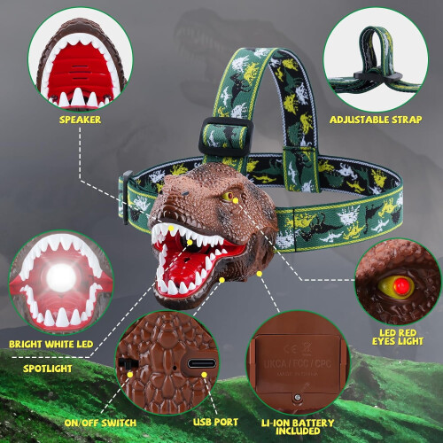Lanterna de cabeça de dinossauro LED infantil estilo T-Rex (1 unidade) 1