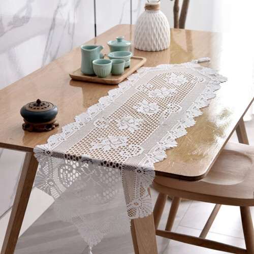 QUTETN white cotton lace table runner rectangular 2