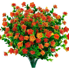 Flores artificiales de color rojo anaranjado, arbustos de boj artificiales resistentes a los rayos UV, follaje artificial de plástico para macetas