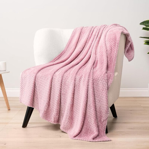 Light Pink Fleece Throw Blanket, Waffle Texture, 50x60