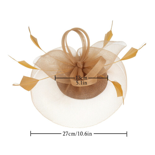 Fascia per capelli da donna con fiore, piuma e rete dorata, ideale per cappello Derby. 2