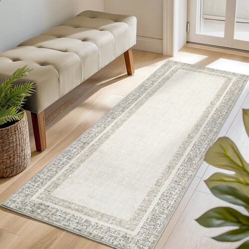 Beige bordered runner rug washable non-slip 2' x 6' 1