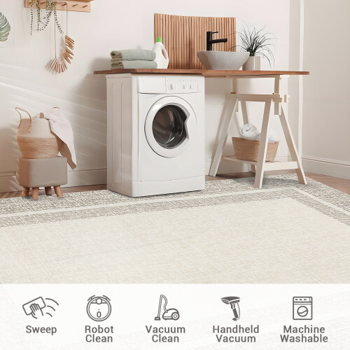 Beige bordered runner rug washable non-slip 2' x 6' 2