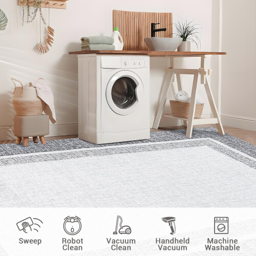 Grey bordered hallway runner rug, washable low-pile 2