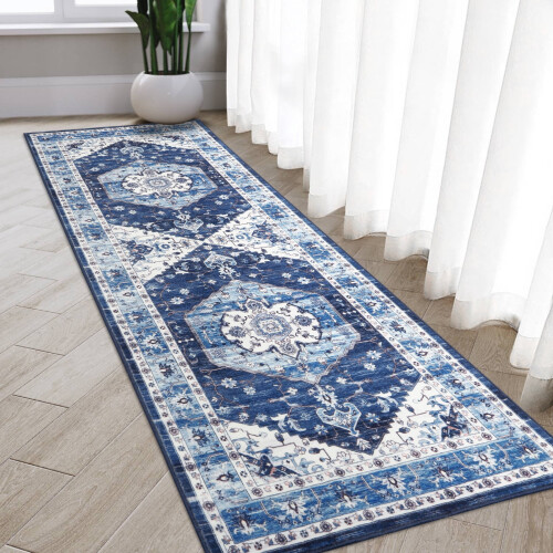 Blue Persian runner rug 2x6 ft washable non-slip 1