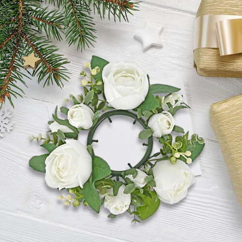 Artificial Rose Wreath with Pillar Candle Holder White 1