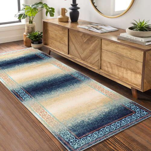 Modern washable runner rug blue 2 ft x 6 ft 1