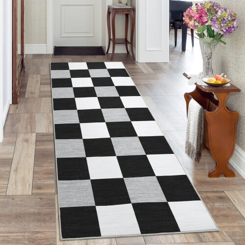 Harperlare Runner Rug Black and White Plaid 2' x 6' 1