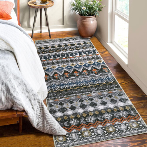 Boho geometric distressed runner rug grey 2 ft x 6 ft 1