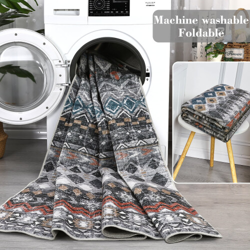 Boho geometric distressed runner rug grey 2 ft x 6 ft 2
