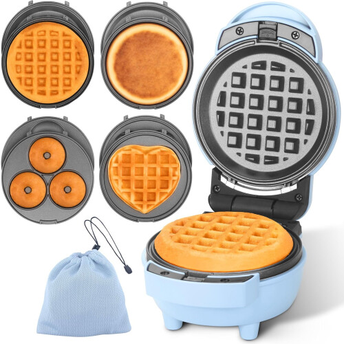 Mini Waffle Maker 4-in-1 Blue with Removable Plates