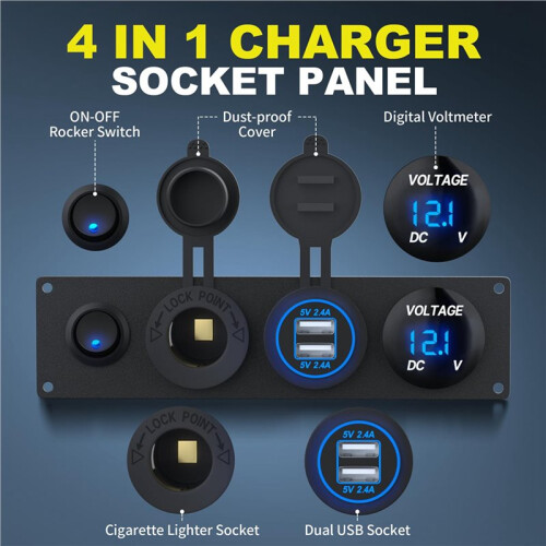 2X 4 in 1 12V USB Panel+LED Voltmete &Dual USB Charger Socket Power&Cigarette Lighter Socket & Toogle  Panel 2