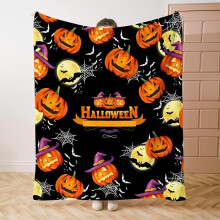 Halloween Throw Blanket Orange Pumpkin Black Bat Print