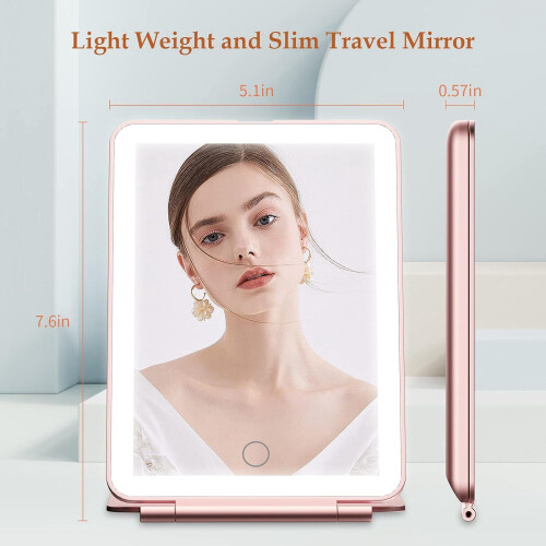 Rechargeable LED Makeup Mirror Pink Folding 3-Color Lighting 1