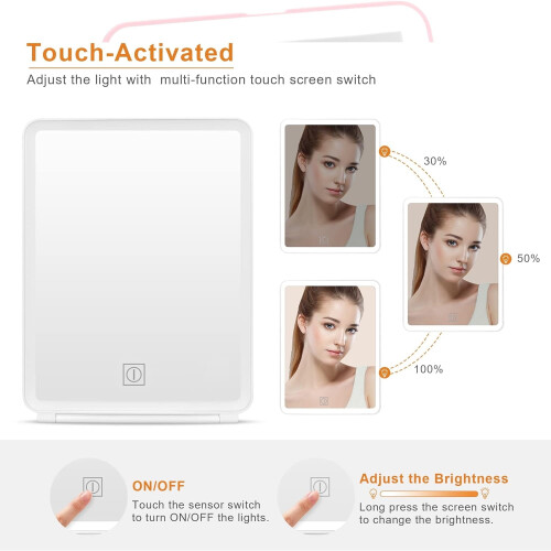 Rechargeable LED Makeup Mirror Pink Folding 3-Color Lighting 2
