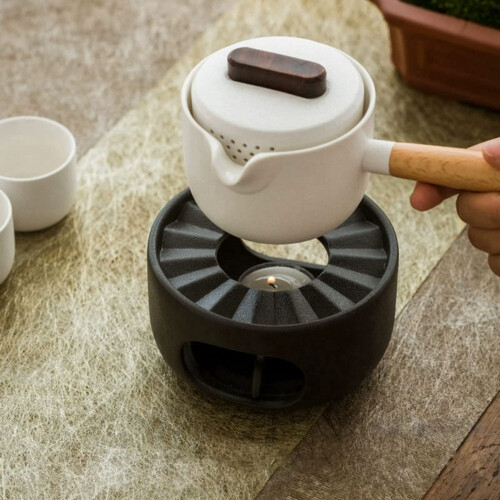 Ceramic teapot warmer with spoon and candle holder black 2