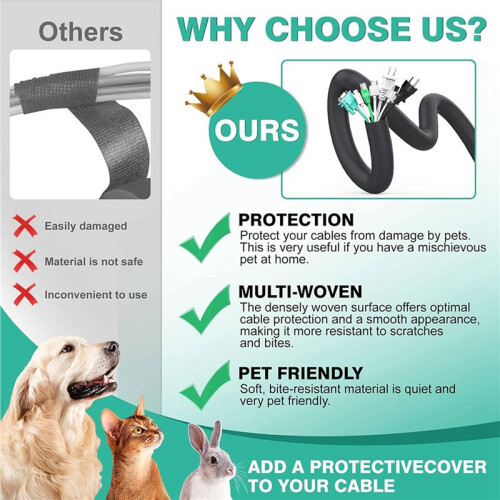 3X Protetor Cabo para Cães e Gatos, 3 Metros (10 Pés) - 9,5 mm (3/8 Polegadas), Manga Flexível para Fácil Organização Cabos, Protege Os Cabos 2