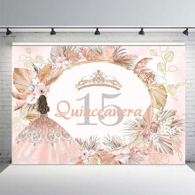 Fondo bohemio para quinceañera de 15 años, 2,13 x 1,52 m, pancarta de corona de pampas floral rosa rubor para fiesta y fotografía de quinceañera.