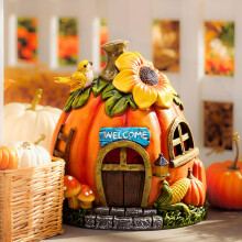 Figurine de jardin orange Maison citrouille Lampe solaire décorative — ornement extérieur automne