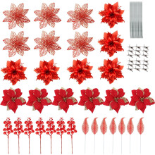 Artificial Flowers Set 68 Pieces Bethlehem Star Festive Red — red artificial flowers, christmas ornaments set