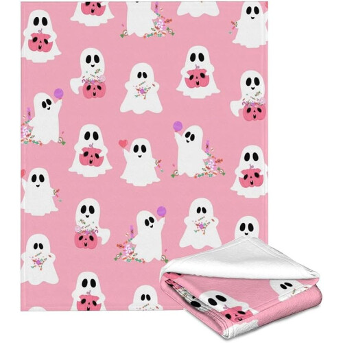Halloween ghost flannel throw blanket pink 50" x 60" 1