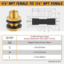 6-Pack Solid Brass Bulkhead Fittings, 1/4 NPT Taper Female 3/4 Inch Straight Male Thread Brass Water Tank Connector