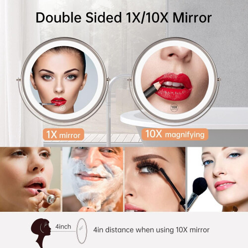 Wall-Mounted Lighted Makeup Mirror 8" 1X/10X 3-Color 2