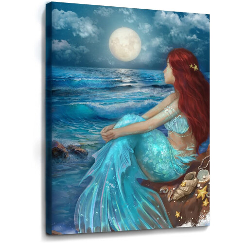 Blue Ocean Moon Night Wall Art Canvas Print