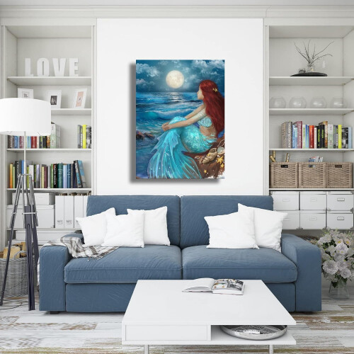 Blue Ocean Moon Night Wall Art Canvas Print 1