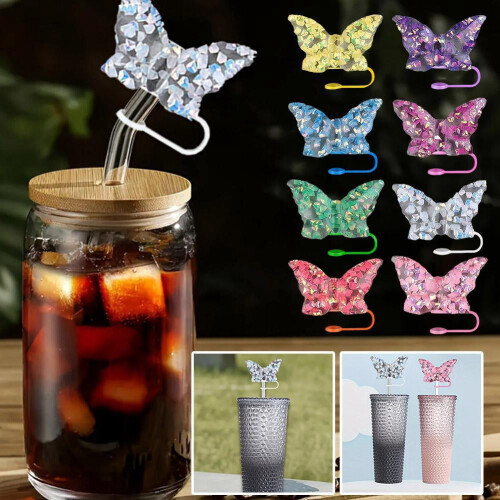 Pink silicone straw plug with butterfly decoration 10mm 2