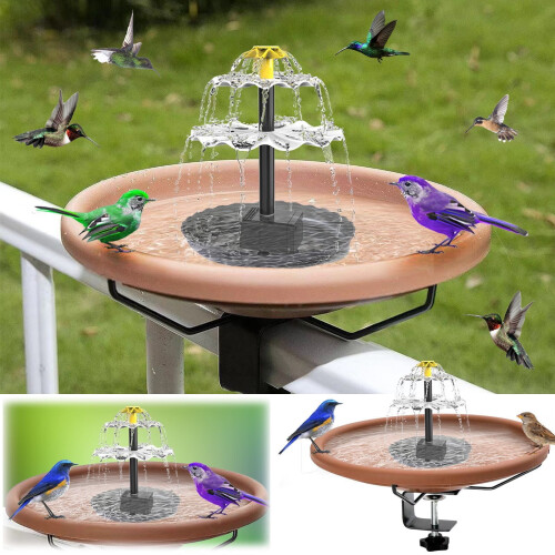Glass Bird Bath Bowl for Deck Railings with Solar Pump and 2